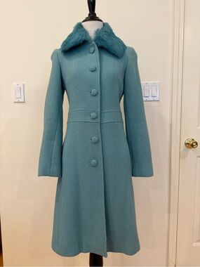 Marciano Teal Wool-Blend Coat with detachable Fur Collar